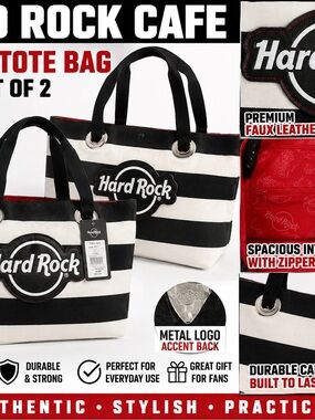 Hard Rock Cafe Black & White Striped Tote with Red Interior Accents